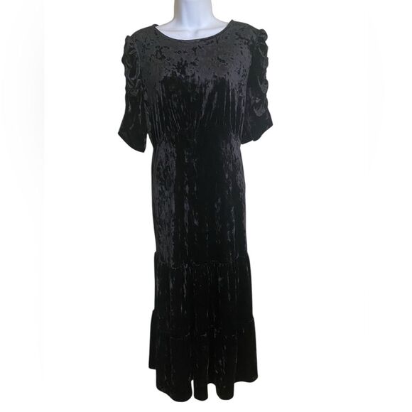 Black Crushed Velvet Modest Empire Waist Dress Tiered Full Midi Maxi Holiday - Picture 4 of 11